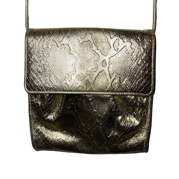 Vintage Womens Crossbody Shoulder Bag One Size Gold Snake Embossed Leather Snap - Picture 7 of 10